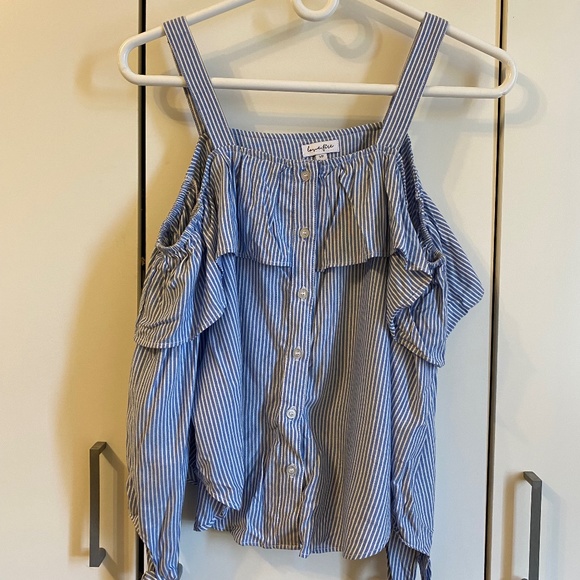 Off shoulder blue and white striped ruffle top with straps SIZE S - Picture 1 of 6
